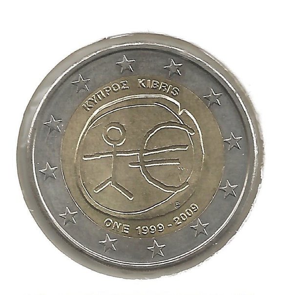 2 Euro Gedenkmünze 2009 aus Zypern, 10 Jahre WWU, bfr