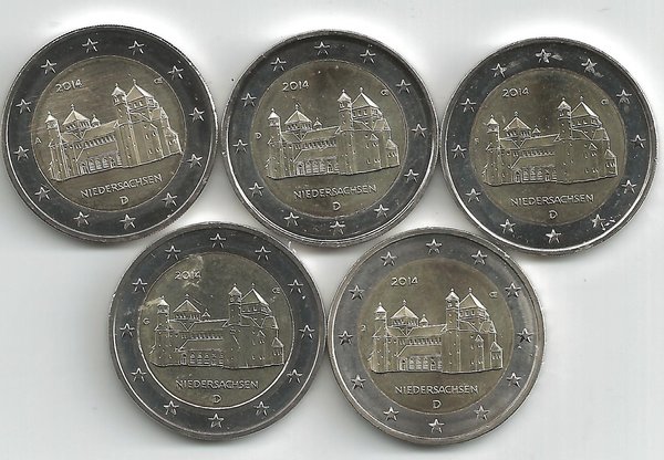 2 Euro Gedenkmünzensatz 2014 aus Deutschland, Hildesheim, bfr