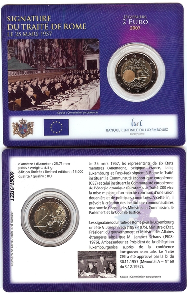 2 Euro Gedenkmünze 2007 aus Luxemburg, römische Verträge, Coincard