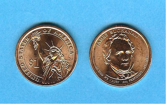USA: Presidential 1 Dollar Coin 2010, James Buchanan, Set aus Mint D+P