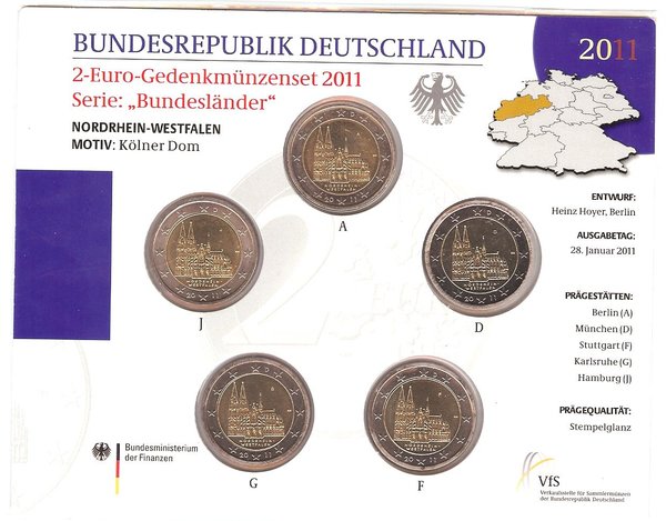 2 Euro Gedenkmünzenset 2011 aus Deutschland, Kölner Dom, st