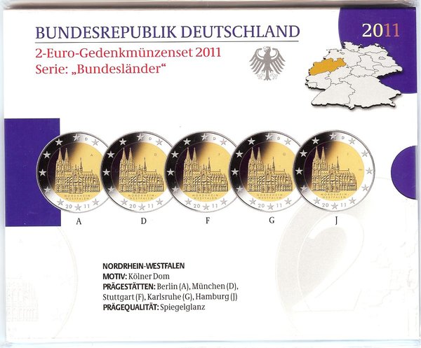 2 Euro Gedenkmünzenset 2011 aus Deutschland, NRW, Kölner Dom, spiegelglanz (PP)