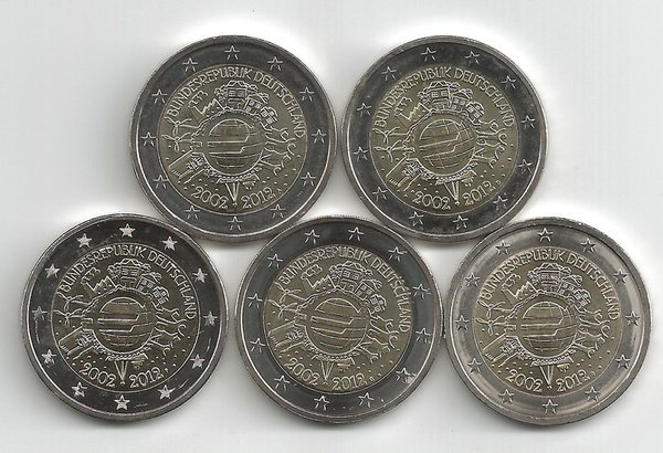 2 Euro Gedenkmünzensatz 2012 aus Deutschland, Euro-Bargeld, bfr