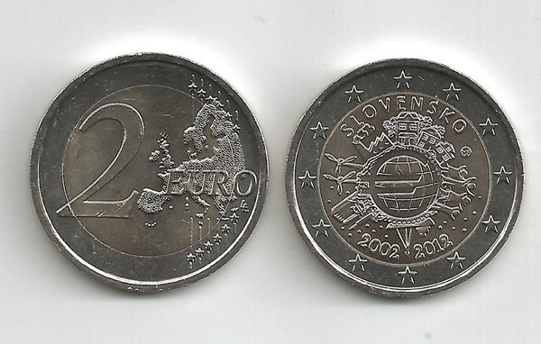 2 Euro Gedenkmünze 2012 aus Slowakei, 10 Jahre Euro Bargeld, bfr