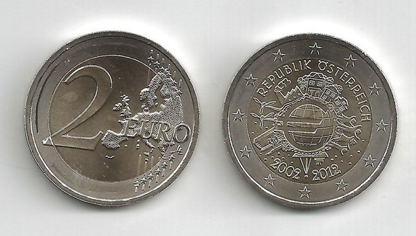 2 Euro Gedenkmünze 2012 aus Österreich, 10 Jahre Euro Bargeld, bfr