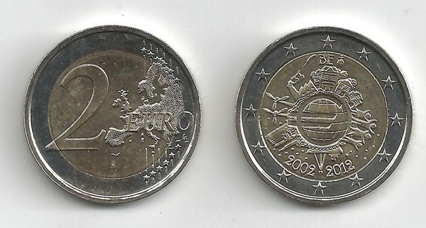 2 Euro Gedenkmünze 2012 aus Belgien, 10 Jahre Euro Bargeld, bfr