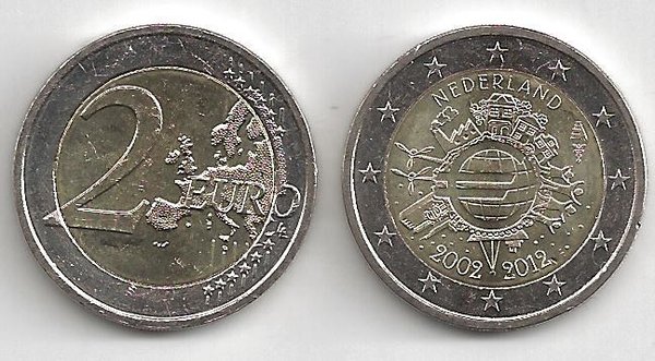 2 Euro Gedenkmünze 2012 aus Niederlande / Holland, 10 Jahre Euro Bargeld, bfr