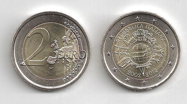 2 Euro Gedenkmünze 2012 aus Italien, 10 Jahre Euro Bargeld, bfr