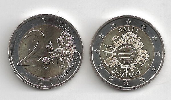 2 Euro Gedenkmünze 2012 aus Malta, 10 Jahre Euro Bargeld, bfr