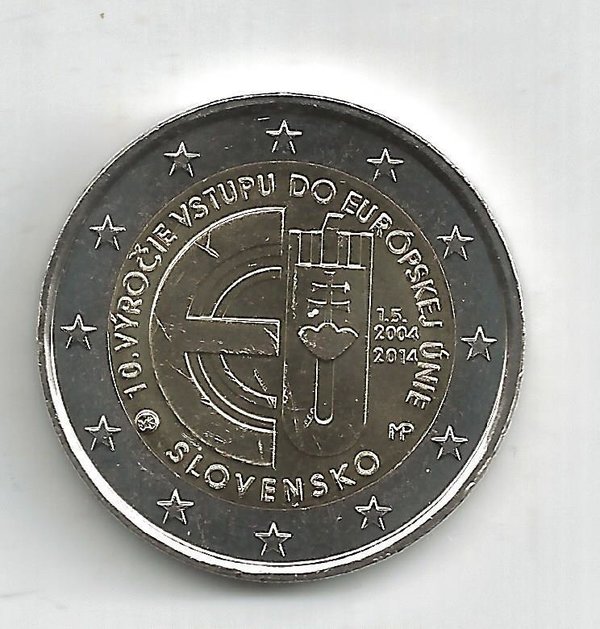 2 Euro Gedenkmünze 2014 aus Slowakei, 10 Jahre EU Beitritt, bfr