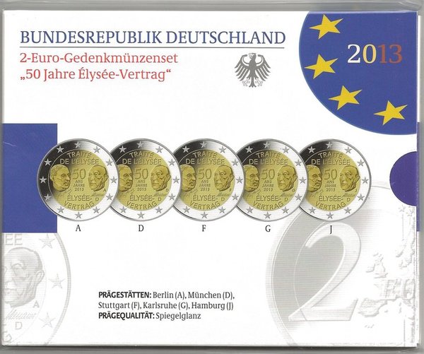 2 Euro Gedenkmünzenset 2013 aus Deutschland, 50 Jahre Elysee-Vertrag, spiegelglanz (PP)