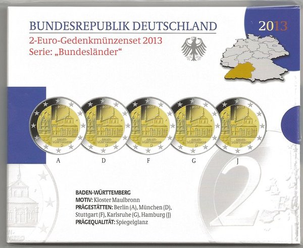2 Euro Gedenkmünzenset 2013 aus Deutschland, Baden-Württemberg, Kloster Maulbronn, spiegelglanz (PP)