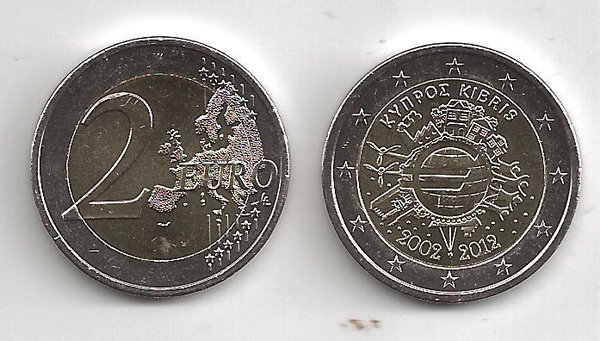 2 Euro Gedenkmünze 2012 aus Zypern, 10 Jahre Euro Bargeld, bfr