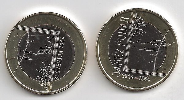 3 Euro Gedenkmünze 2014 aus Slowenien, Janez Puhar, bfr