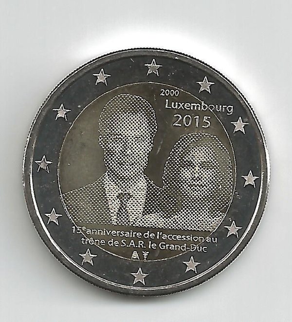 2 Euro Gedenkmünze 2015 aus Luxemburg, 15 Jahre Thronbesteigung durch Großherzog Henri, bfr
