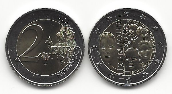 2 Euro Gedenkmünze 2015 aus Luxemburg, 125. Jahrestag der Dynastie Nassau-Weilburg, bfr