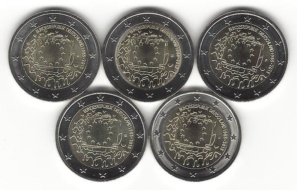 2 Euro Gedenkmünzensatz (ADFGJ) 2015 aus Deutschland, Europaflagge, bfr