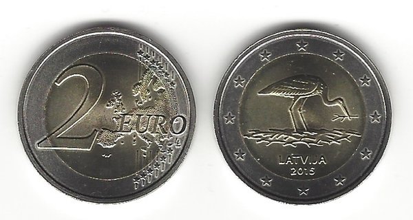 2 Euro Gedenkmünze 2015 aus Lettland, Schwarzstorch, bfr