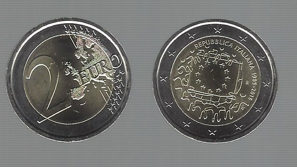 2 Euro Gedenkmünze 2015 aus Italien, 30 Jahre Europaflagge, bfr