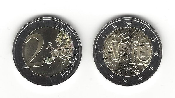 2 Euro Gedenkmünze 2015 aus Litauen, litauische Sprache, bfr