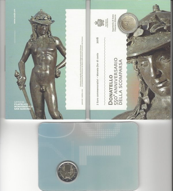 2 Euro Gedenkmünze 2016 aus San Marino, 550. Todestag von Donatello, Klappfolder