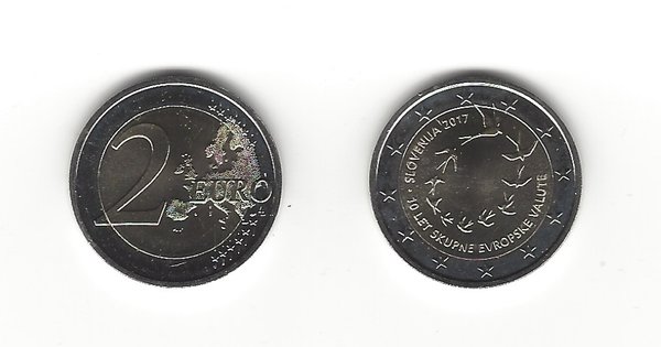 2 Euro Gedenkmünze 2017 aus Slowenien, 10 Jahre Euroeinführung, bfr