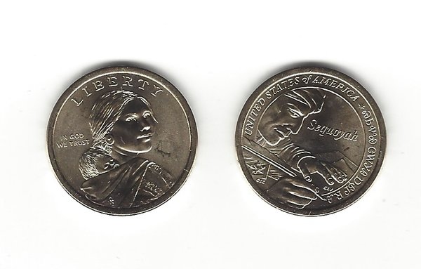 USA: American Native Sacagawea 1 Dollar Coin 2017, Sequoyah, Set aus Mint D + P