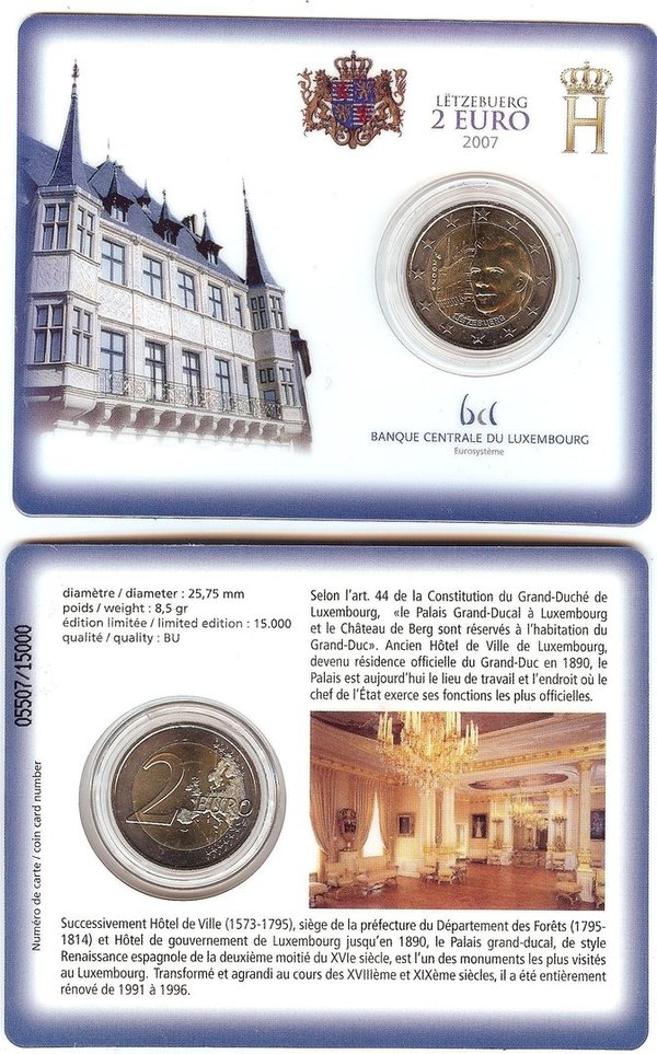 2 Euro Gedenkmünze 2007 aus Luxemburg, Großherzoglicher Palast, Coincard