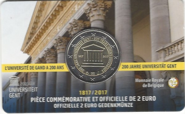 2 Euro Gedenkmünze 2017 aus Belgien, 200 Jahre Universität Gent, Coincard