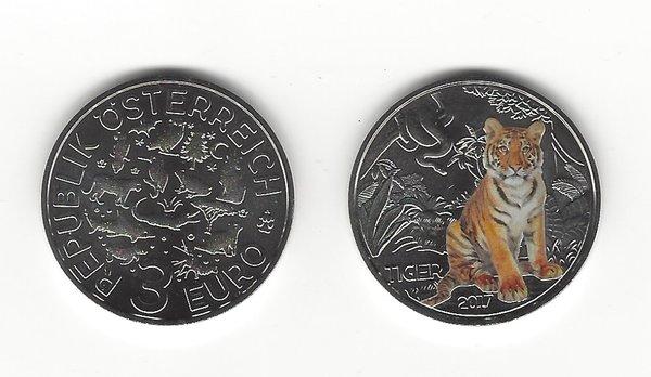 3 Euro Gedenkmünze 2017 aus Österreich, Tiertaler, Tiger, nachleuchtend