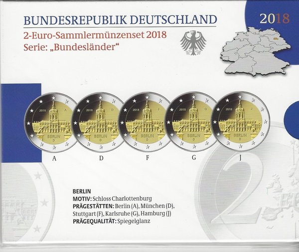 2 Euro Gedenkmünzenset 2018 aus Deutschland, Berlin, Schloß Charlottenburg, spiegelglanz (PP)