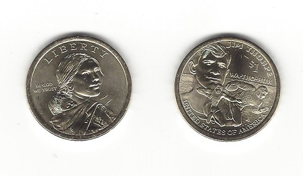 USA: 1 Dollar, Native American Sacagawea 2018, Jim Thorpe, Set aus Mint D + P