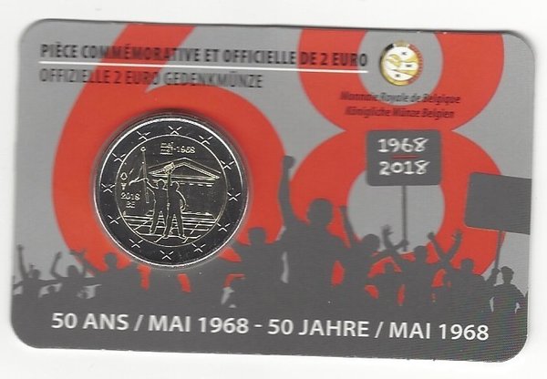 2 Euro Gedenkmünze 2018 aus Belgien, 50 Jahre Studentenrevolte, Coincard