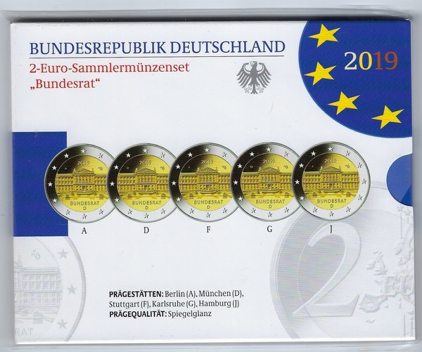 2 Euro Gedenkmünzenset 2019 aus Deutschland, 70 Jahre Bundesrat, spiegelglanz (PP)