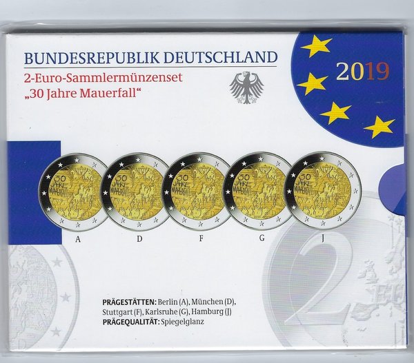 2 Euro Gedenkmünzenset 2019 aus Deutschland, 30 Jahre Mauerfall, spiegelglanz (PP)