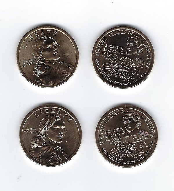 USA: Native American Sacagawea 1 Dollar Coin 2020, Elizabeth Peratrovich, Mint D + P