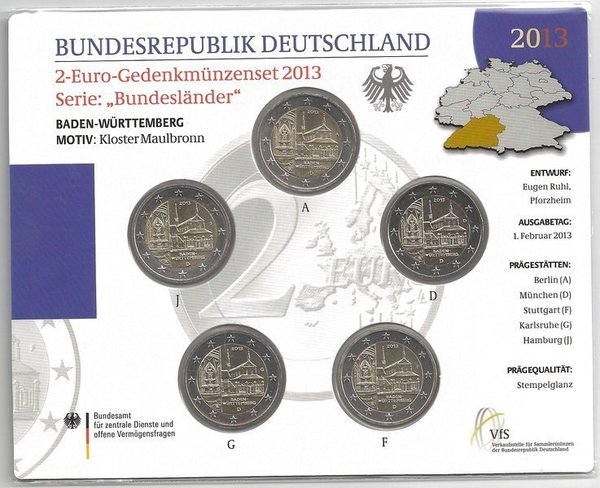2 Euro Gedenkmünzenset 2013 aus Deutschland, Baden-Württemberg, Kloster Maulbronn, st