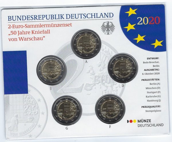 2 Euro Sammlermünzenset 2020 aus Deutschland, 50 Jahre Kniefall von Warschau, st