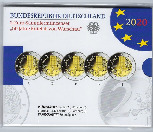2 Euro Sammlermünzenset 2020 aus Deutschland, 50 Jahre Kniefall von Warschau, spiegelglanz (PP)