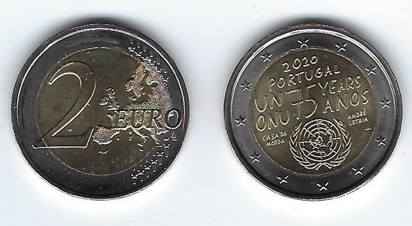 2 Euro Gedenkmünze 2020 aus Portugal, 75 Jahre UNO, bfr