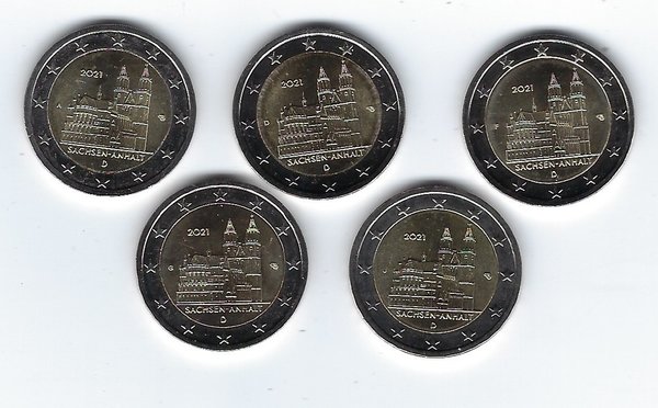 2 Euro Gedenkmünzensatz 2021 aus Deutschland, Sachsen-Anhalt, Magdeburger Dom, bfr