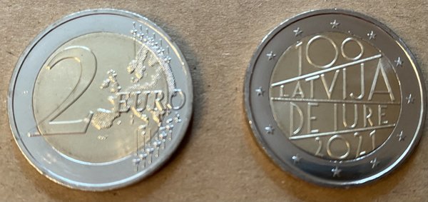 2 Euro Gedenkmünze 2021 aus Lettland, 100 Jahre Latvija de Iure, bfr