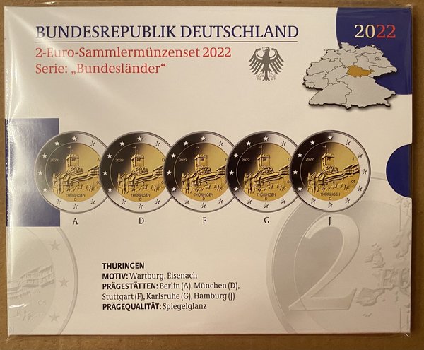2 Euro Sammlermünzenset 2022 aus Deutschland, Thüringen, Wartburg, spiegelglanz (PP)
