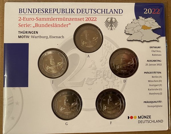 2 Euro Sammlermünzenset 2022 aus Deutschland, Thüringen, Wartburg, stempelglanz (st)
