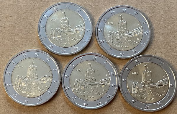 2 Euro Gedenkmünzensatz 2022 aus Deutschland, Thüringen mit Wartburg, bfr