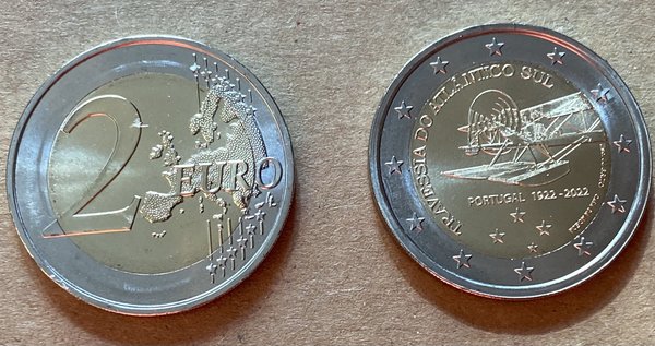 2 Euro Gedenkmünze 2022 aus Portugal, Erstüberquerung des Südatlantik, bfr