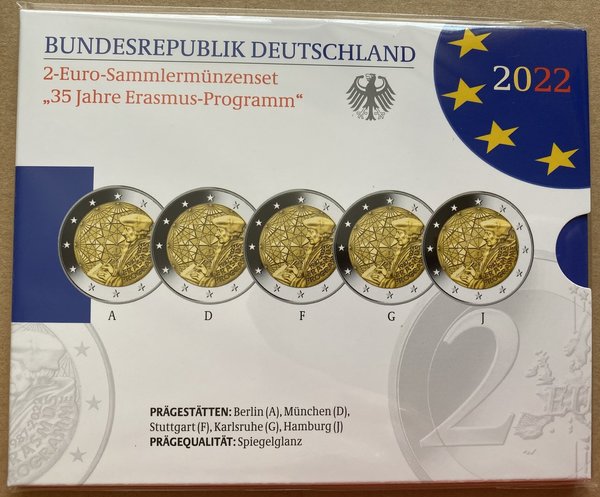 2 Euro Sammlermünzenset 2022 aus Deutschland, 35 Jahre Erasmus-Programme, spiegelglanz (PP)