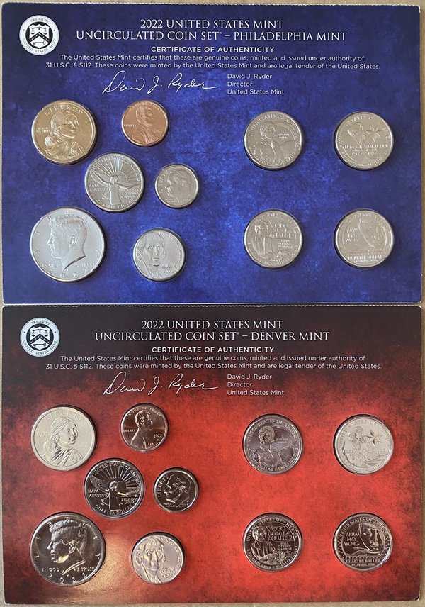 USA: United States Mint Uncirculated Coin Set 2022, 2x 2,91 Dollar, Mint D + P