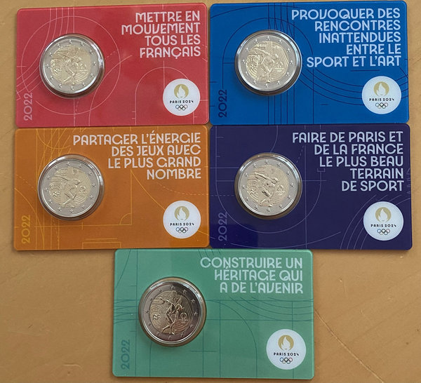5x 2 Euro Gedenkmünze 2022 aus Frankreich, Olympia 2024 in Paris, Coincards
