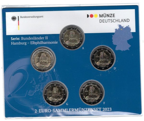 2 Euro Sammlermünzenset 2023 aus Deutschland, Hamburg, Elbphilharmonie, stempelglanz